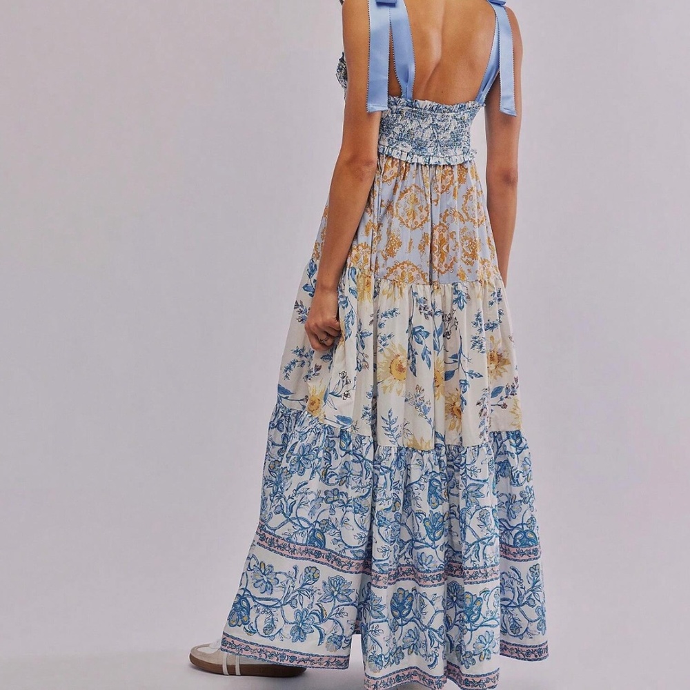 Blue and Cream Floral Tie-Shoulder Maxi Dress - Picture 4 of 5
